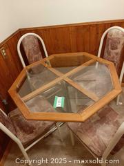 MaxSold Auction: Vintage octagonal glass and wood dining table with four white metal chairs - London (Ontario, Canada) PARTNER MANAGED Estate Sale Online Auction - Alayne Crescent