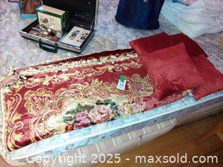 MaxSold Auction: Vintage red & gold velvet floral plush bedspread & four pillows - London (Ontario, Canada) PARTNER MANAGED Estate Sale Online Auction - Alayne Crescent
