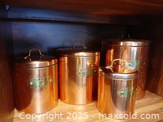 MaxSold Auction: Vintage set of four copper-plated "De La Cuisine" nesting canisters  - London (Ontario, Canada) PARTNER MANAGED Estate Sale Online Auction - Alayne Crescent