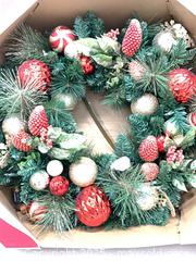 MaxSold Auction: 2 Pre-Lit 30 in Christmas Wreaths, Green with Red & Gold Ornaments - Markham (Ontario, Canada) PARTNER MANAGED Downsizing Online Auction - Mccowan Road (STORAGE)