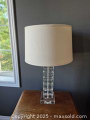 MaxSold Auction: Pair of Heavy Clear Glass Table Lamps with Shades - Markham (Ontario, Canada) PARTNER MANAGED Downsizing Online Auction - Mccowan Road (STORAGE)