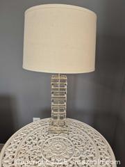MaxSold Auction: Pair of Heavy Clear Glass Table Lamps with Shades - Markham (Ontario, Canada) PARTNER MANAGED Downsizing Online Auction - Mccowan Road (STORAGE)