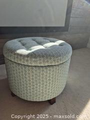 MaxSold Auction: Round Tufted Storage Ottoman, 20 in Diameter, Teal Geometric - Markham (Ontario, Canada) PARTNER MANAGED Downsizing Online Auction - Mccowan Road (STORAGE)