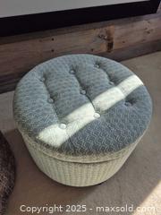 MaxSold Auction: Round Tufted Storage Ottoman, 20 in Diameter, Teal Geometric - Markham (Ontario, Canada) PARTNER MANAGED Downsizing Online Auction - Mccowan Road (STORAGE)