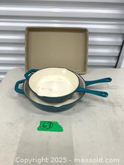 MaxSold Auction: Teal & Cream Enameled Cast Iron Skillets + Deep Dish Ovenware (Two) - Markham (Ontario, Canada) PARTNER MANAGED Downsizing Online Auction - Mccowan Road (STORAGE)