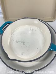 MaxSold Auction: Teal & Cream Enameled Cast Iron Skillets + Deep Dish Ovenware (Two) - Markham (Ontario, Canada) PARTNER MANAGED Downsizing Online Auction - Mccowan Road (STORAGE)