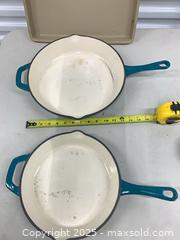 MaxSold Auction: Teal & Cream Enameled Cast Iron Skillets + Deep Dish Ovenware (Two) - Markham (Ontario, Canada) PARTNER MANAGED Downsizing Online Auction - Mccowan Road (STORAGE)