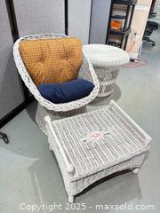 MaxSold Auction: 3-Piece White Wicker Seating Set with Round Side Table - Warwick (Rhode Island, USA) SELLER MANAGED Reseller Online Auction - Warwick Avenue