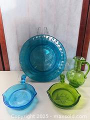 MaxSold Auction: Assorted Pressed Glass Dishes & Pitcher, Blue/Green, Eagle Motif - Warwick (Rhode Island, USA) SELLER MANAGED Reseller Online Auction - Warwick Avenue