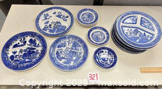MaxSold Auction: Blue Willow transferware style serving, bread & saucer plates (10in) - Warwick (Rhode Island, USA) SELLER MANAGED Reseller Online Auction - Warwick Avenue