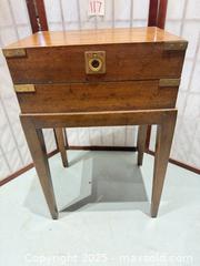 MaxSold Auction: Campaign Style Chest on Stand, Half Circle Side Table  - Warwick (Rhode Island, USA) SELLER MANAGED Reseller Online Auction - Warwick Avenue