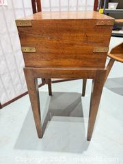 MaxSold Auction: Campaign Style Chest on Stand, Half Circle Side Table  - Warwick (Rhode Island, USA) SELLER MANAGED Reseller Online Auction - Warwick Avenue