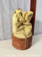 MaxSold Auction: Drawstring Leather Pouch / Small Bucket Bag, Tan & Brown - Warwick (Rhode Island, USA) SELLER MANAGED Reseller Online Auction - Warwick Avenue