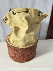 MaxSold Auction: Drawstring Leather Pouch / Small Bucket Bag, Tan & Brown - Warwick (Rhode Island, USA) SELLER MANAGED Reseller Online Auction - Warwick Avenue
