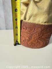 MaxSold Auction: Drawstring Leather Pouch / Small Bucket Bag, Tan & Brown - Warwick (Rhode Island, USA) SELLER MANAGED Reseller Online Auction - Warwick Avenue