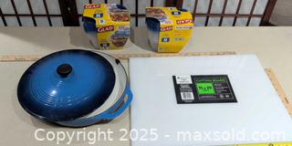 MaxSold Auction: Enameled Blue Cast-Iron Skillet/Casserole with Lid & Accessories - Warwick (Rhode Island, USA) SELLER MANAGED Reseller Online Auction - Warwick Avenue