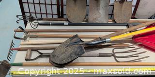 MaxSold Auction: Garden Tools Lot: Shovels, Forks, Rakes & Hand Tools (Approx 14) - Warwick (Rhode Island, USA) SELLER MANAGED Reseller Online Auction - Warwick Avenue