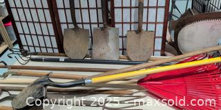 MaxSold Auction: Garden Tools Lot: Shovels, Forks, Rakes & Hand Tools (Approx 14) - Warwick (Rhode Island, USA) SELLER MANAGED Reseller Online Auction - Warwick Avenue