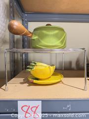 MaxSold Auction: Green Saucepan with Lid, Chrome Shelf Rack & Lemon Plate - Warwick (Rhode Island, USA) SELLER MANAGED Reseller Online Auction - Warwick Avenue