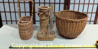 MaxSold Auction: Lot of 4 Natural Wicker/Rattan Baskets with Glass Cups - Warwick (Rhode Island, USA) SELLER MANAGED Reseller Online Auction - Warwick Avenue