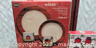 MaxSold Auction: Sakura Stoneware Dinnerware & Dessert Plate Sets — Barn Motif - Warwick (Rhode Island, USA) SELLER MANAGED Reseller Online Auction - Warwick Avenue