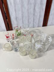 MaxSold Auction: Small Glass Ice Bucket with Assorted Printed Shot Glasses - Warwick (Rhode Island, USA) SELLER MANAGED Reseller Online Auction - Warwick Avenue