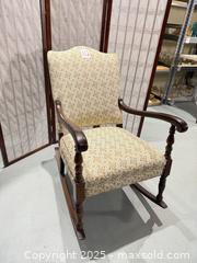 MaxSold Auction: Traditional Wooden Rocking Chair with Woven Floral Upholstery - Warwick (Rhode Island, USA) SELLER MANAGED Reseller Online Auction - Warwick Avenue