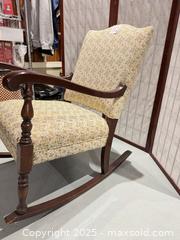 MaxSold Auction: Traditional Wooden Rocking Chair with Woven Floral Upholstery - Warwick (Rhode Island, USA) SELLER MANAGED Reseller Online Auction - Warwick Avenue