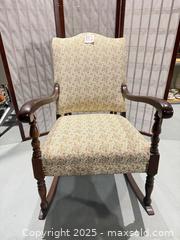 MaxSold Auction: Traditional Wooden Rocking Chair with Woven Floral Upholstery - Warwick (Rhode Island, USA) SELLER MANAGED Reseller Online Auction - Warwick Avenue