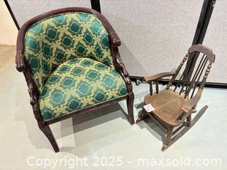 MaxSold Auction: Upholstered Carved Wood Club Chair & Child's Rocking Chair - Warwick (Rhode Island, USA) SELLER MANAGED Reseller Online Auction - Warwick Avenue