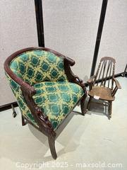MaxSold Auction: Upholstered Carved Wood Club Chair & Child's Rocking Chair - Warwick (Rhode Island, USA) SELLER MANAGED Reseller Online Auction - Warwick Avenue