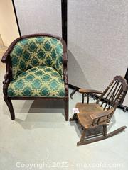 MaxSold Auction: Upholstered Carved Wood Club Chair & Child's Rocking Chair - Warwick (Rhode Island, USA) SELLER MANAGED Reseller Online Auction - Warwick Avenue