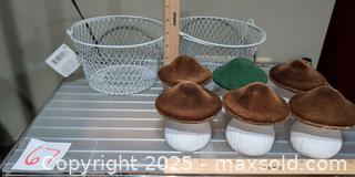 MaxSold Auction: Velvet & Ceramic Decorative Mushroom Figurines with 2 Wire Baskets - Warwick (Rhode Island, USA) SELLER MANAGED Reseller Online Auction - Warwick Avenue