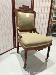 MaxSold Auction: Victorian Revival Eastlake-Inspired Olive Green Accent Chair - Warwick (Rhode Island, USA) SELLER MANAGED Reseller Online Auction - Warwick Avenue