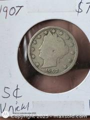 MaxSold Auction: 1907 Barber US V nickel in holder - South Frontenac (Ontario, Canada) SELLER MANAGED Downsizing Online Auction - Battersea Road