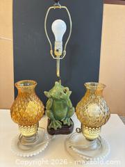MaxSold Auction: Lot of 3 Table Lamps — Ceramic Frog + 2 Amber Hobnail Glass - Ashland (Massachusetts, USA) PARTNER MANAGED Downsizing Online Auction - Old Connecticut Path