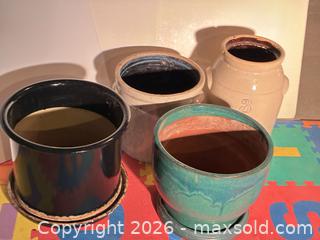 MaxSold Auction: Lot of 4 Stoneware Crocks / Glazed Ceramic Planters - Ashland (Massachusetts, USA) PARTNER MANAGED Downsizing Online Auction - Old Connecticut Path