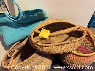 MaxSold Auction: Set of 3 Bolga/Seagrass Market Baskets + Small Blue Fabric Tote - Ashland (Massachusetts, USA) PARTNER MANAGED Downsizing Online Auction - Old Connecticut Path