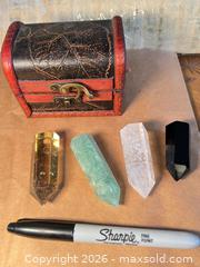 MaxSold Auction: Small Decorative Wooden Treasure Chest with 4 Crystal Points - Ashland (Massachusetts, USA) PARTNER MANAGED Downsizing Online Auction - Old Connecticut Path