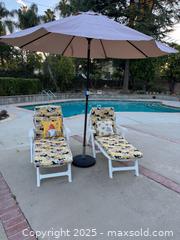 MaxSold Auction: (2) Outdoor lounge chairs with cushions, pillows & umbrella  - Los Angeles (California, USA) SELLER MANAGED Moving Online Auction - Redwing Street
