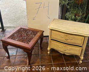 MaxSold Auction: Furniture Duo: White 2-Drawer Nightstand & Ornate Wooden Accent Table - Los Angeles (California, USA) SELLER MANAGED Reseller Online Auction - Devonshire Street