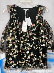 MaxSold Auction: Pleione Black Cold-Shoulder Top with Floral Embroidered Tulle – New w/ Tags, Size Small - Los Angeles (California, USA) SELLER MANAGED Reseller Online Auction - Devonshire Street