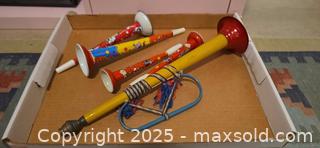 MaxSold Auction: Vintage Tin Noisemaker Horns, Lot of 4 - San Jose (California, USA) SELLER MANAGED Downsizing Online Auction - Paladin Drive