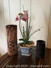 MaxSold Auction: Vintage Faux Orchid in Porcelain Planter & Hand-Carved Vases - San Francisco (California, USA) SELLER MANAGED Estate Sale Online Auction - Kenwood Way