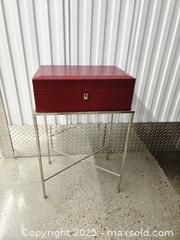MaxSold Auction: Red Leather Jewelry/Valet Storage Box with Chrome Stand - Toronto (Ontario, Canada) PARTNER MANAGED Downsizing Online Auction - Research Road (STORAGE)