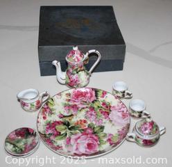 MaxSold Auction: Miniature coffee tea set burgundy floral by Ace gift collection in box - Kingston (Ontario, Canada) SELLER MANAGED Downsizing Online Auction - Crossfield Avenue