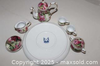 MaxSold Auction: Miniature coffee tea set burgundy floral by Ace gift collection in box - Kingston (Ontario, Canada) SELLER MANAGED Downsizing Online Auction - Crossfield Avenue