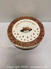 MaxSold Auction: 6-Piece Espresso Cup & Saucer Set in Decorative Coffee Tin - Vancouver (British Columbia, Canada) SELLER MANAGED Reseller Online Auction - East 7th Avenue (STORAGE)