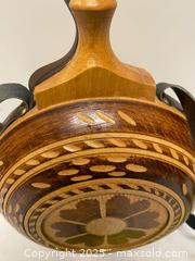 MaxSold Auction: Hand-Carved Wooden Folk Art Canteen with Leather Strap  - Vancouver (British Columbia, Canada) SELLER MANAGED Reseller Online Auction - East 7th Avenue (STORAGE)