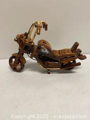 MaxSold Auction: Hand-Carved Wooden Harley-Davidson Style Motorcycle Model, approx. 14” - Vancouver (British Columbia, Canada) SELLER MANAGED Reseller Online Auction - East 7th Avenue (STORAGE)